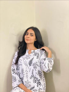 2 Pcs Women's Stitched Linen Leaf Print Suit